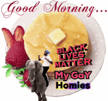 a picture of pancakes and strawberries with the words " good morning black lives matter my gay homies " on it