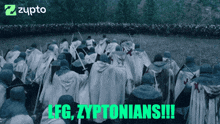 a group of soldiers are standing in a field with the words leg zyptonians !!! written on the bottom