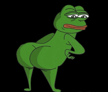 a green frog with a red tongue is standing on its hind legs