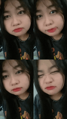 a girl wearing a black shirt with the letter v on it makes different faces
