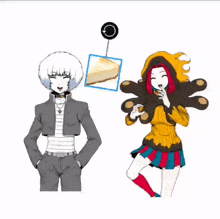a man and a woman are standing next to each other with a piece of cheesecake hanging from their heads .