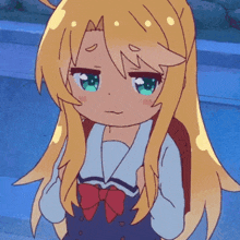 a girl with long blonde hair and green eyes is wearing a school uniform and a backpack .