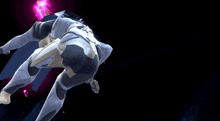 a video game character is flying through the air with a black background