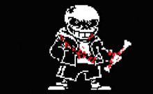 a pixel art of a skeleton holding a knife with blood coming out of it .