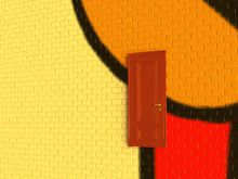 a yellow brick wall with a red door in the corner