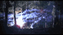 a painting of a forest with trees and smoke coming out of the trees