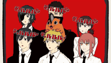 a group of anime characters are standing next to each other with the word devil on the top left