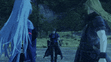 a man with long blonde hair stands next to a woman with blue hair in a video game