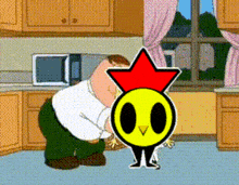 a cartoon of peter griffin standing in a kitchen next to a chicken