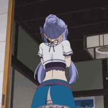 a girl with purple hair is standing in a room with her back to the camera