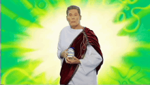 a man dressed as a roman emperor holding a jar of mayonnaise