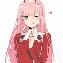 a girl with pink hair and horns is wearing a red jacket .