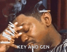 a man is smoking a bunch of cigarettes with the words key and gen written below him
