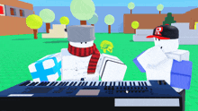a cartoon character wearing a hat with the letter r on it is playing a keyboard