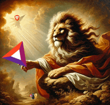 a painting of a lion holding a kite with a red shield on it