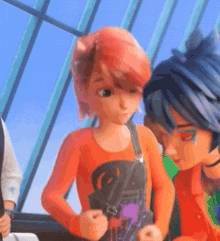 a couple of cartoon characters are standing next to each other .