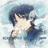 a picture of a boy with blue hair and the words scara only de @scaramini