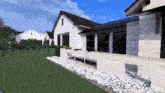 a computer generated image of a house with a brick wall
