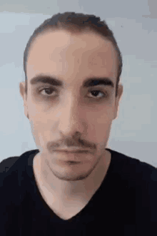 a close up of a man 's face with a beard and mustache .