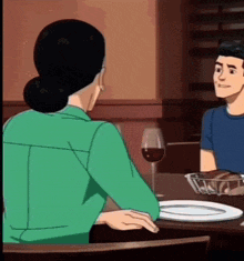 a cartoon of a man and woman sitting at a table with a glass of wine