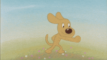 a cartoon dog is standing in a field with flowers