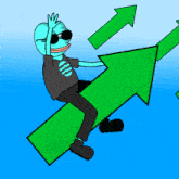 a cartoon character is sitting on top of a green arrow pointing up