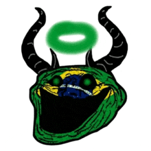 a drawing of a troll with horns and a halo