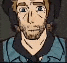 a cartoon drawing of a man with a beard wearing a blue jacket and tie .