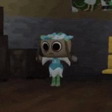 a cartoon character is standing next to a wooden bench in a room .