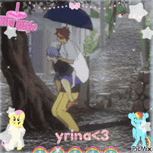 a picture of a man carrying another man on his shoulders with yrina < 3 written in pink