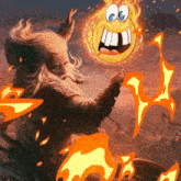 a man with a beard is holding a smiley face in front of a fireball
