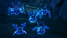 a group of ghosts are glowing in the dark near a house