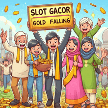 a group of people are holding a sign that says slot gacor gold falling