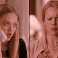 a woman is talking on a cell phone next to another woman .