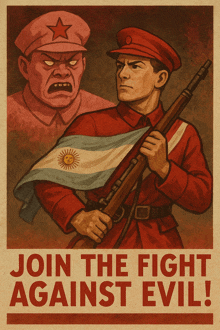 a poster that says join the fight against evil with a man holding a gun