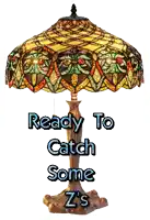 a stained glass lamp with the words ready to catch some z 's below it