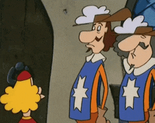 a couple of cartoon characters standing next to each other with one wearing a blue vest with a white star on it