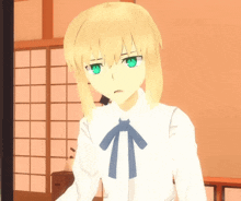 a cartoon character with blonde hair and green eyes is wearing a white shirt and blue tie