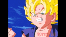 a close up of a cartoon character with yellow hair and green eyes
