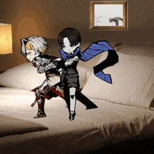 two cartoon characters are standing on a bed with a picture of a hammer on the wall above them