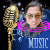 a picture of a woman with glasses and a microphone with the word music on the bottom