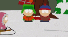 a group of south park characters are standing in the snow holding hands .