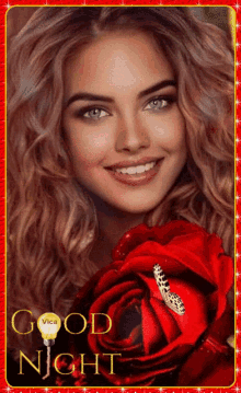 a woman is smiling while holding a red rose and the words good night vica are above her
