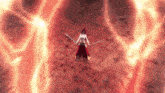 a woman in a red dress is holding two swords
