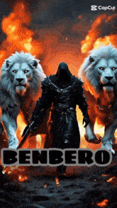 a man with a sword is surrounded by two white lions with the name benbero on the bottom right