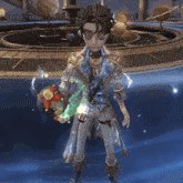 a cartoon character is holding a stuffed animal and a sword