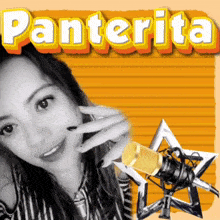a woman is holding a microphone in front of a yellow background that says panterita