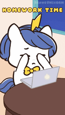 a cartoon of a unicorn sitting at a table with a laptop and the words homework time below it