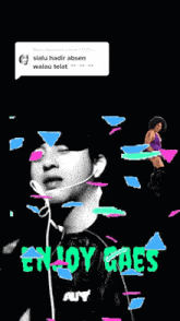 a man wearing a headset is surrounded by colorful triangles and the words enjoy