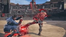 a man is kicking another man who is laying on the ground with blood coming out of his head